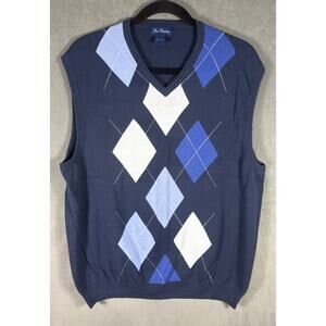 Paul Fredrick‎ Luxury Knit Argyle Sweater Vest Mens Large Navy V-Neck Soft